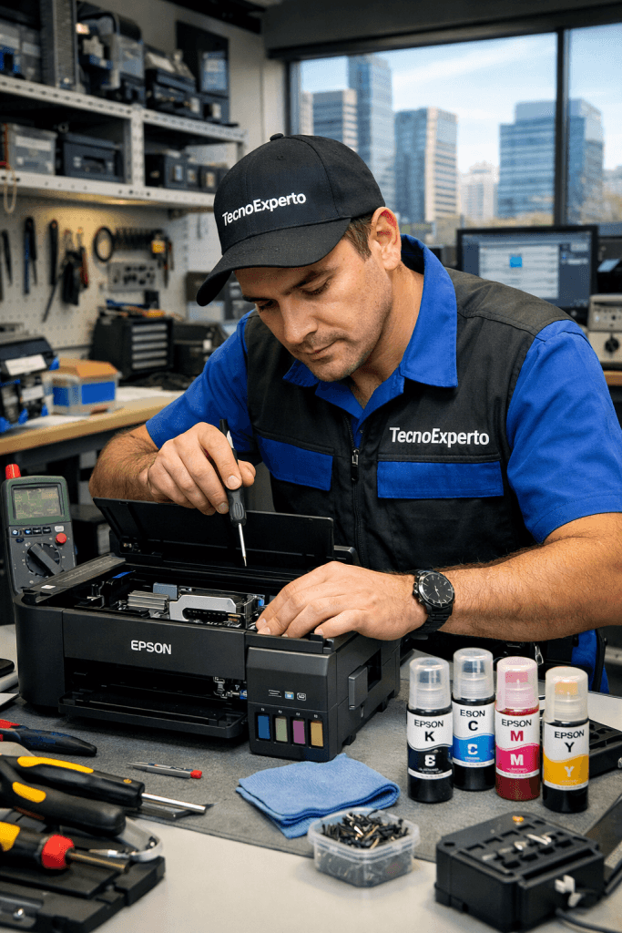 Técnico realizando mantenimiento impresora Epson en Las Condes