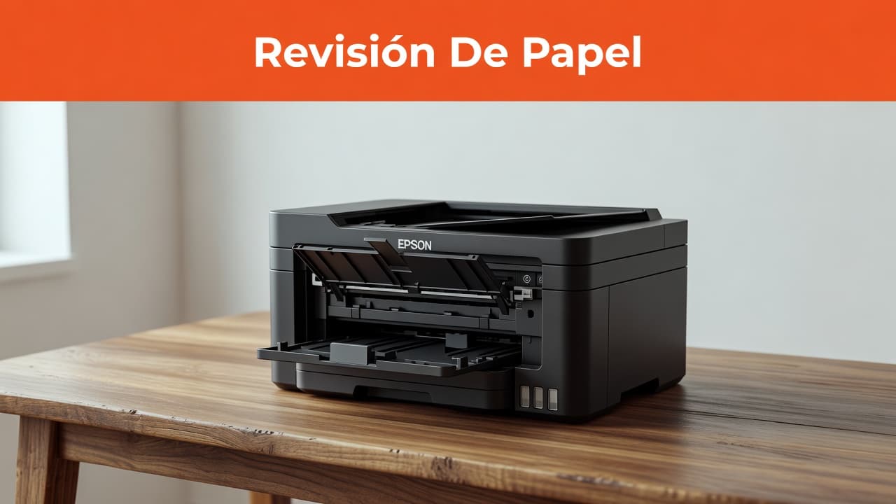 Una impresora Epson L3210 se encuentra sobre una mesa de madera limpia con luz natural. Se observa claramente la ranura de alimentación de papel posterior bajo un encabezado naranja brillante.