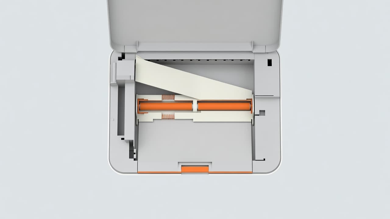 The open interior of a desktop printer displays a clean paper path mechanism with high-contrast orange accents. Internal rollers and guides are clearly visible against a soft, neutral, minimalist background.