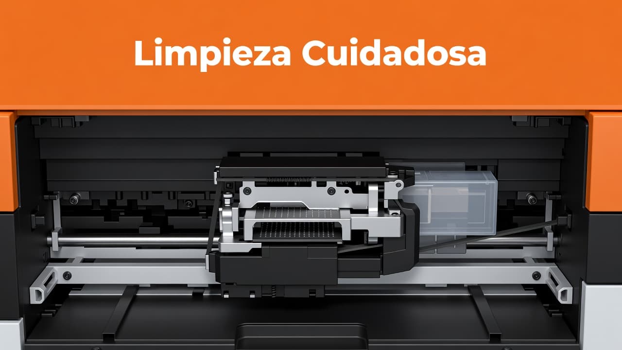 Un primer plano detallado muestra el cabezal de impresión interno con sus componentes mecánicos limpios. Una franja naranja superior destaca el texto blanco con instrucciones precisas sobre el cuidado del equipo.
