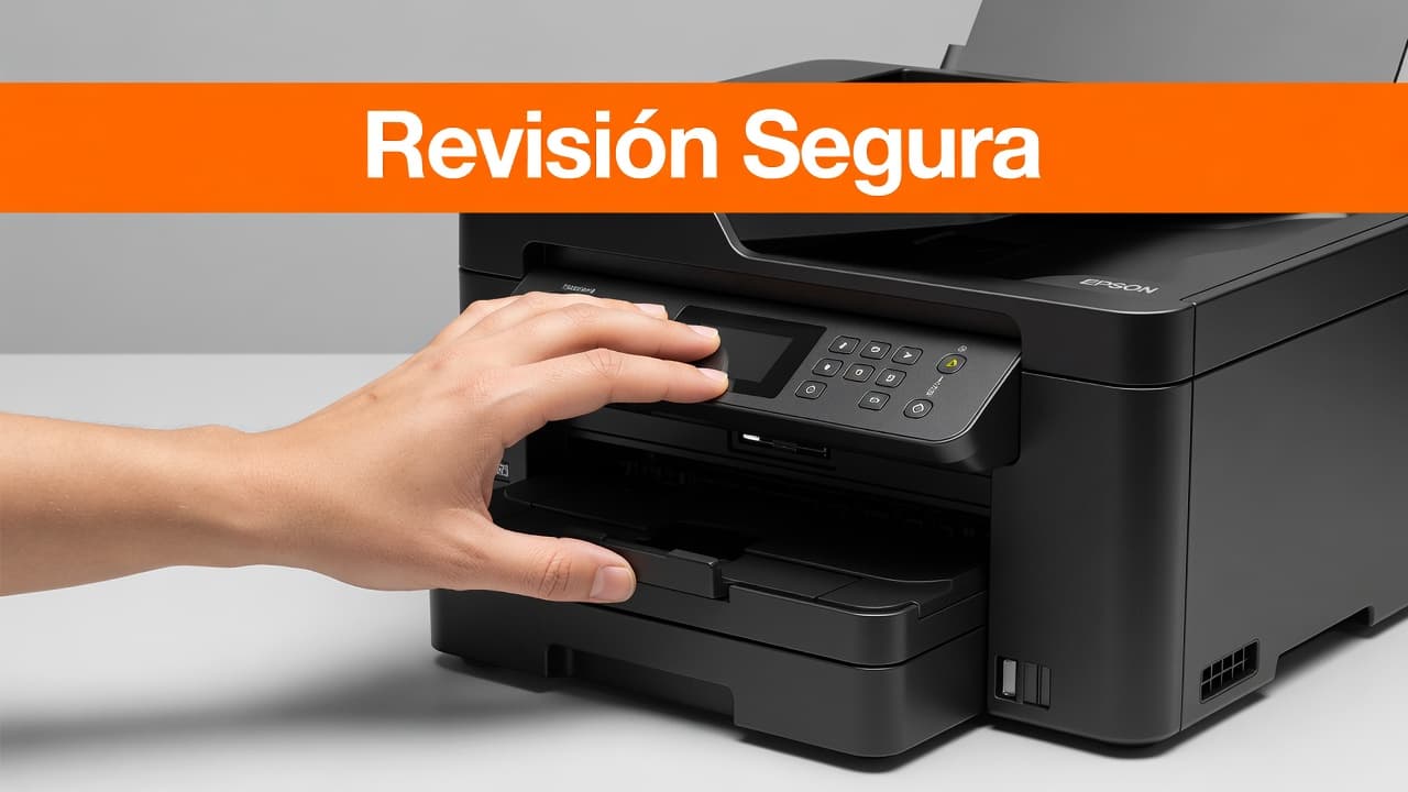 La mano de un técnico inspecciona cuidadosamente el chasis de una impresora Epson. Una franja naranja superior destaca el título Revisión Segura con tipografía blanca, destacando el mantenimiento profesional del equipo.