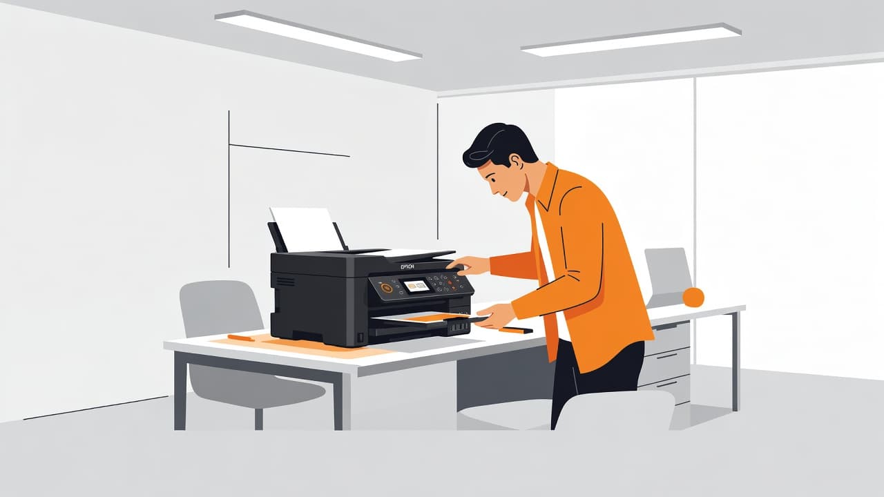 A minimalist flat illustration shows an individual carefully inspecting a compact black printer in a bright office. The scene utilizes bold orange accents to emphasize the technical task being performed.