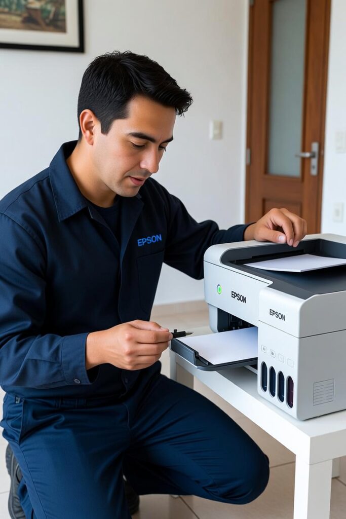 Técnico de impresoras a domicilio en Vitacura reparando una Epson EcoTank