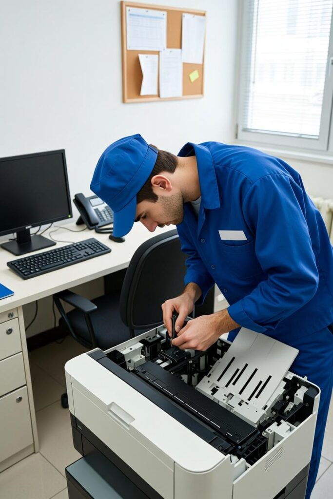 técnico reparando impresora en oficina