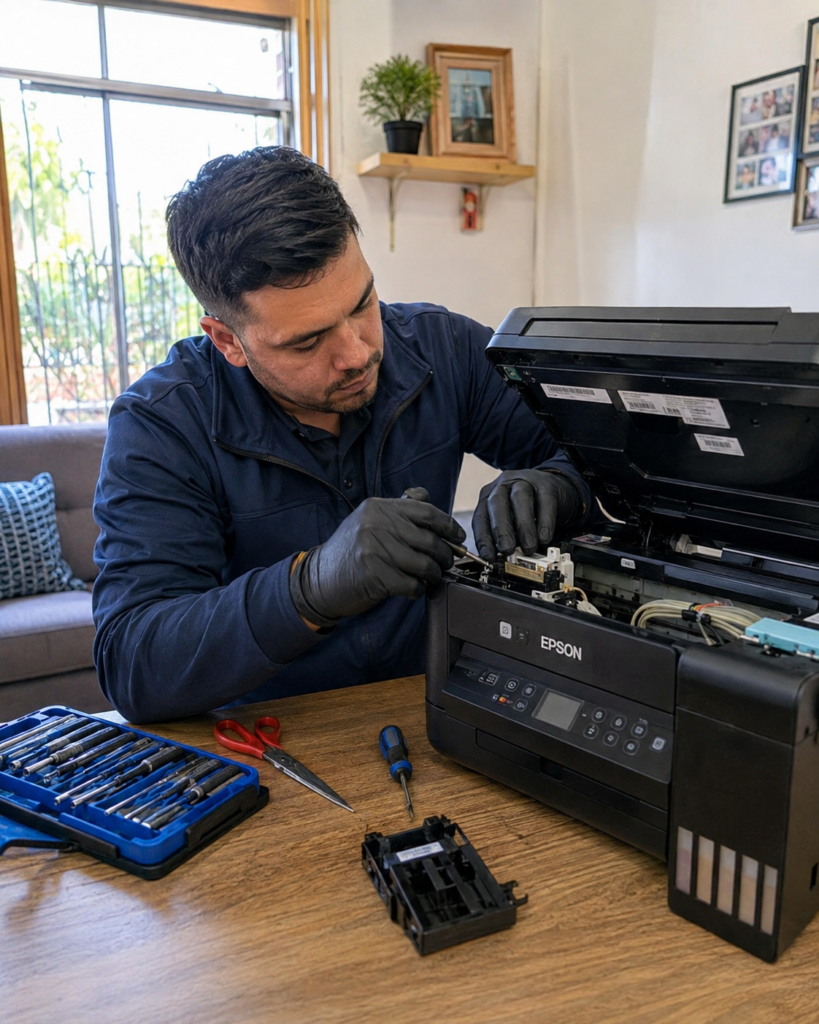 técnico de impresoras en San Bernardo reparando una multifuncional Epson a domicilio