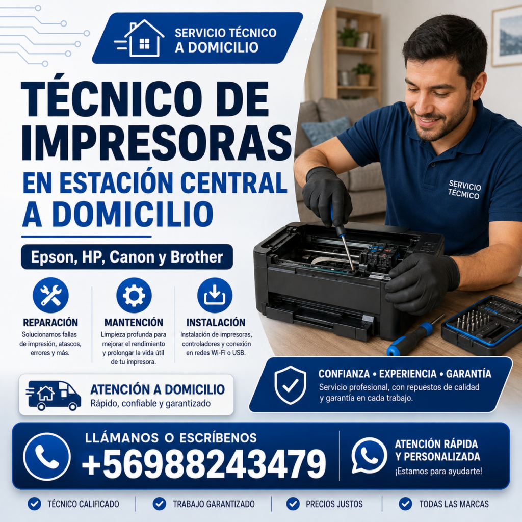 Técnico de Impresoras en Estación Central a Domicilio — Epson, HP, Canon y Brother