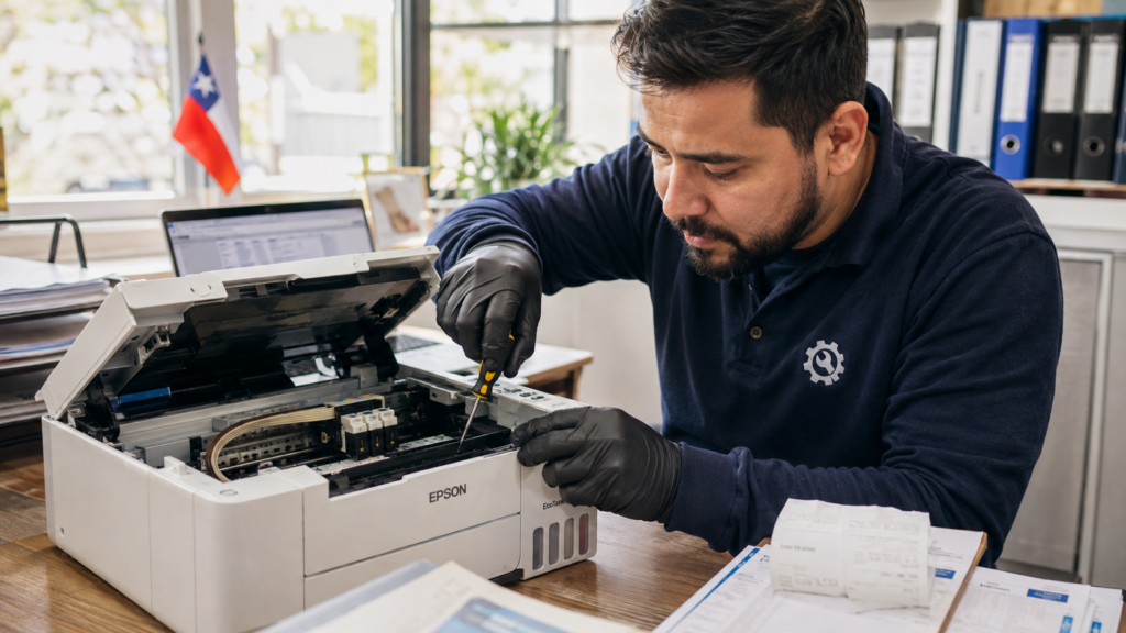 Técnico de impresoras en Renca reparando cabezal de impresora Epson a domicilio