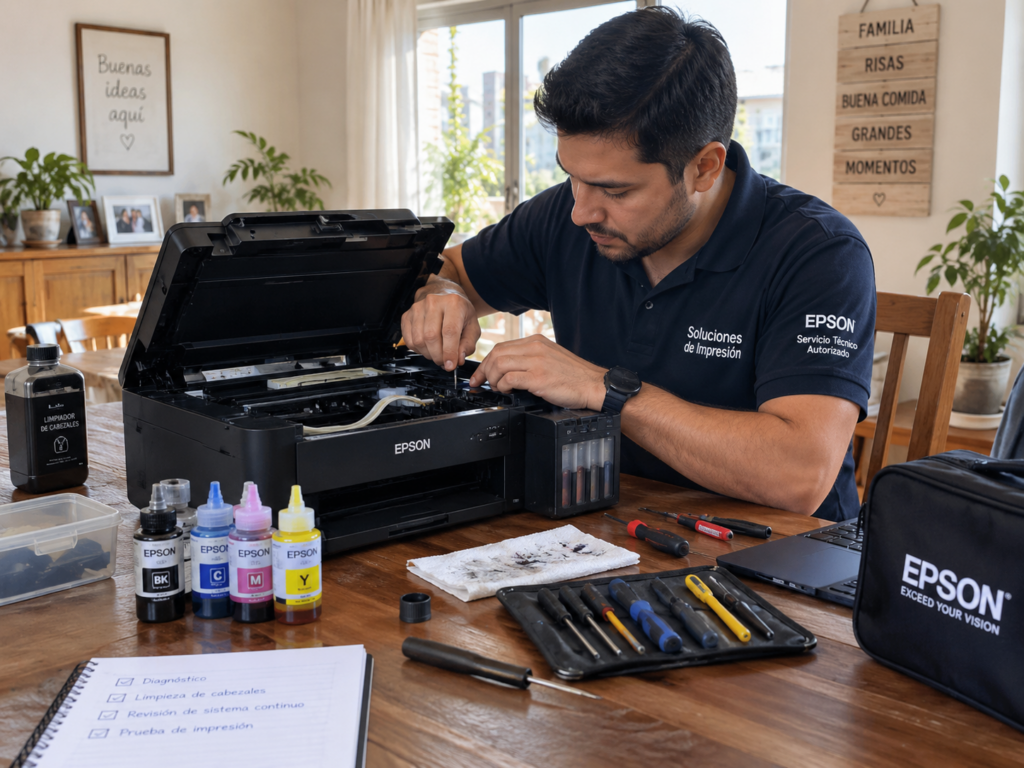 Técnico de impresoras en Conchalí reparando una Epson a domicilio