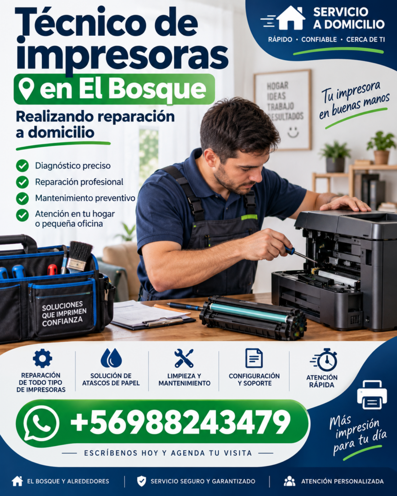 Técnico de impresoras en El Bosque realizando reparación a domicilio