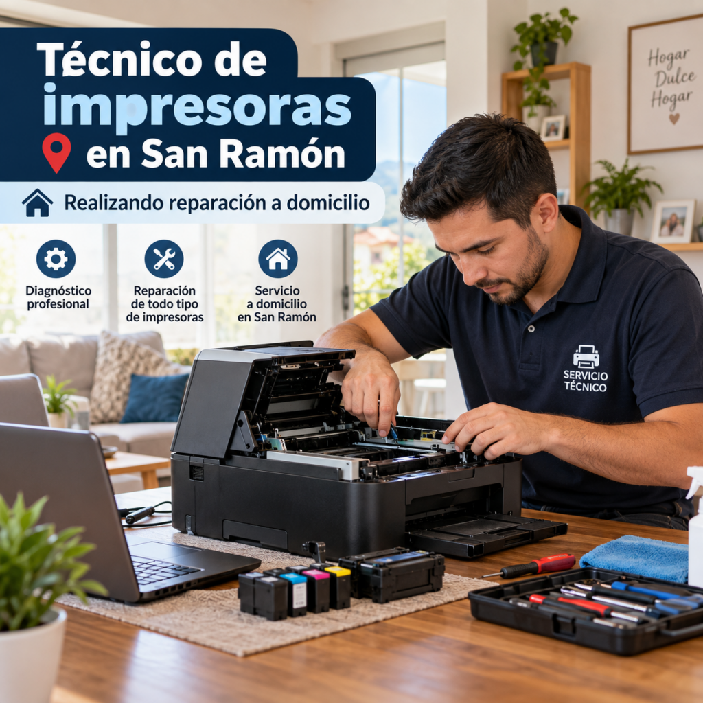 Técnico de impresoras en San Ramón realizando reparación a domicilio